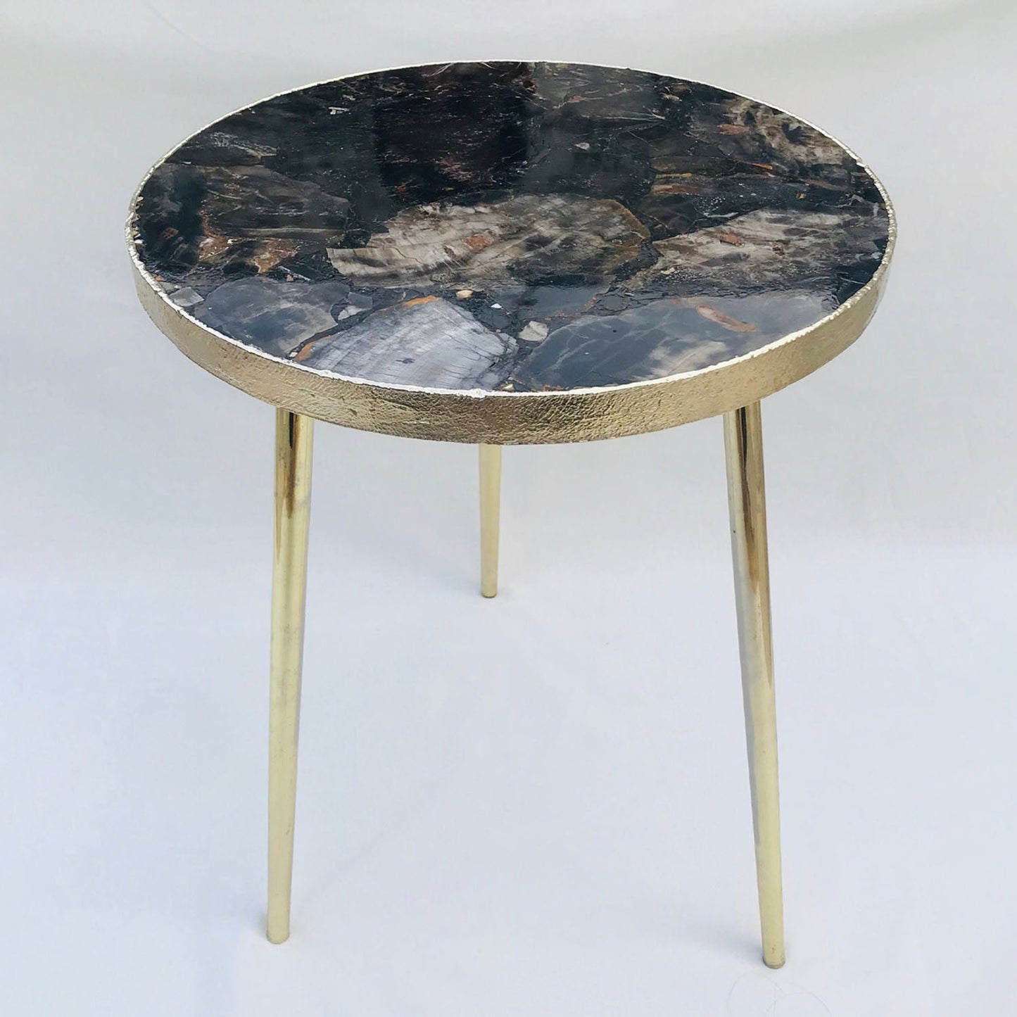 Black Petrified Wood Agate Round Edge Side Table Design