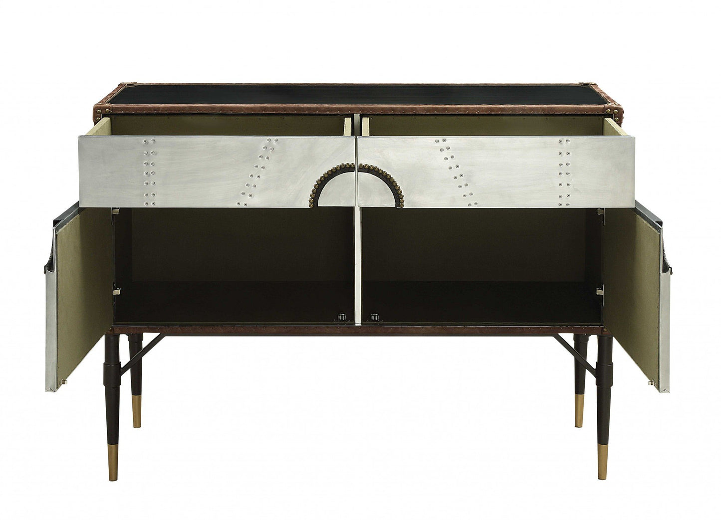 Brown Top Grain Leather And Aluminum Console Table