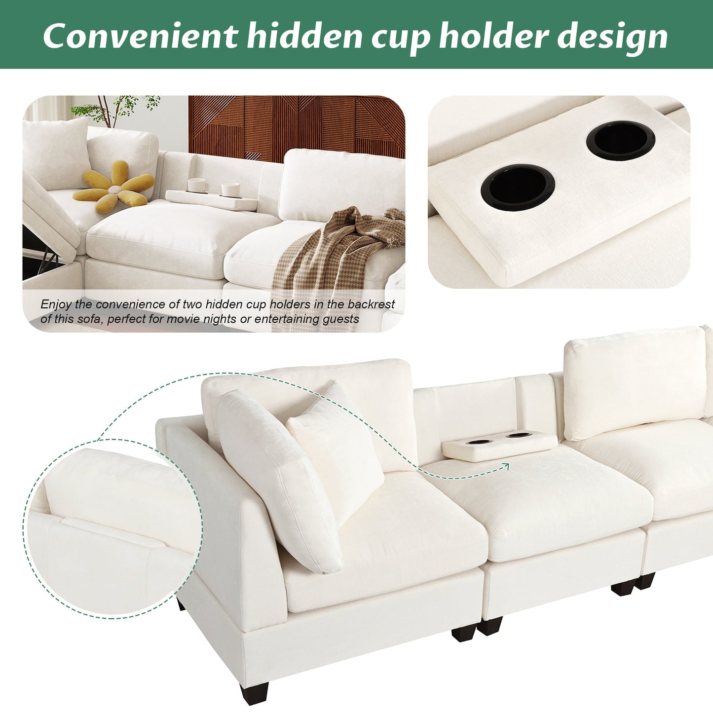 Sofa with Storage Ottoman and Hidden Cup Holders