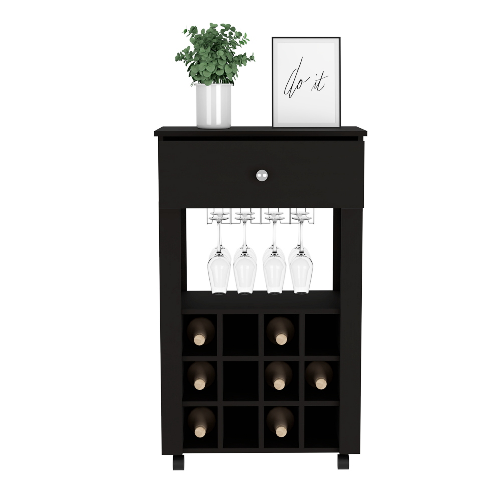 Bar Cart Bayamon with Twelve Wine Cubbies in Black Wengue Finish