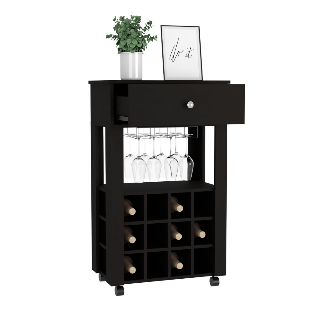 Bar Cart Bayamon with Twelve Wine Cubbies in Black Wengue Finish