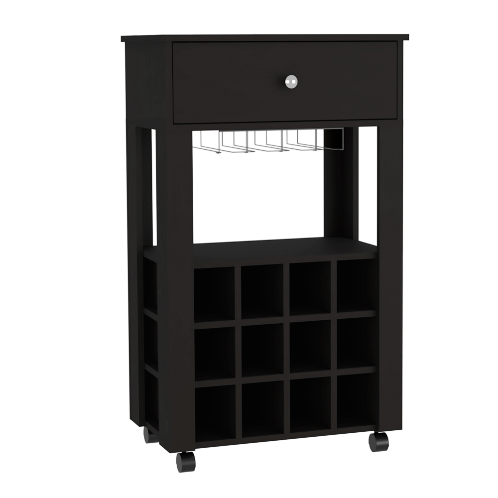 Bar Cart Bayamon with Twelve Wine Cubbies in Black Wengue Finish