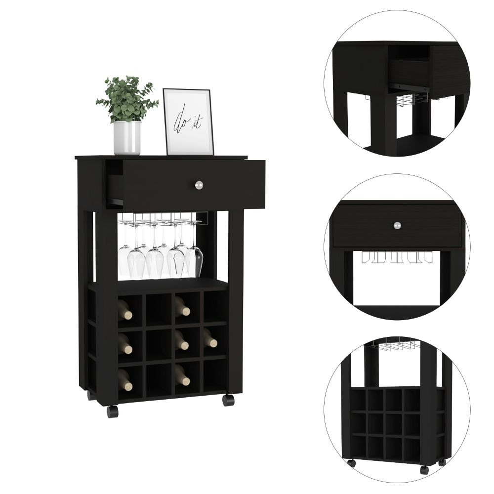 Bar Cart Bayamon with Twelve Wine Cubbies in Black Wengue Finish