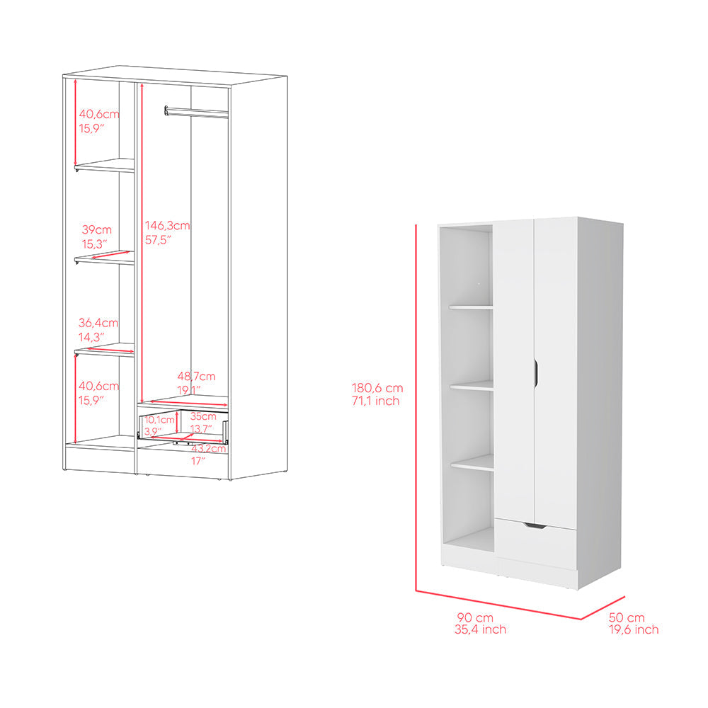 White Dover Armoire with Double Doors and Shelves for Storage