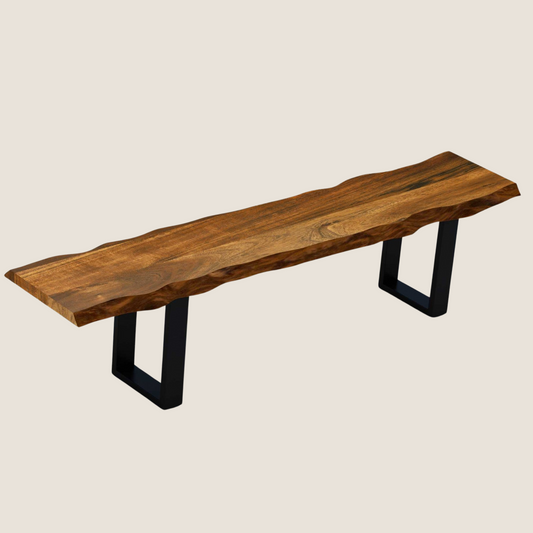 Live Edge Acacia Wood Bench with Black Metal Legs Design