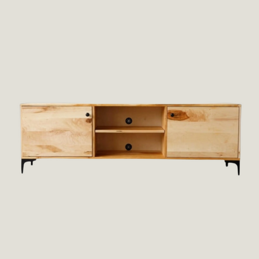 Natural Maple And Black Steel TV Stand Media Center Piece