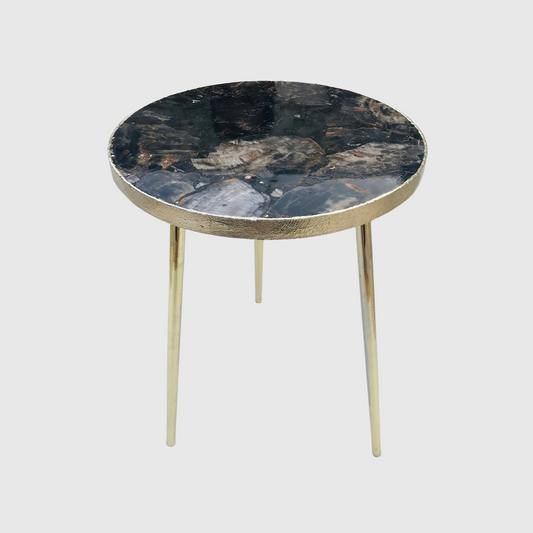 Black Petrified Wood Agate Round Edge Side Table Design