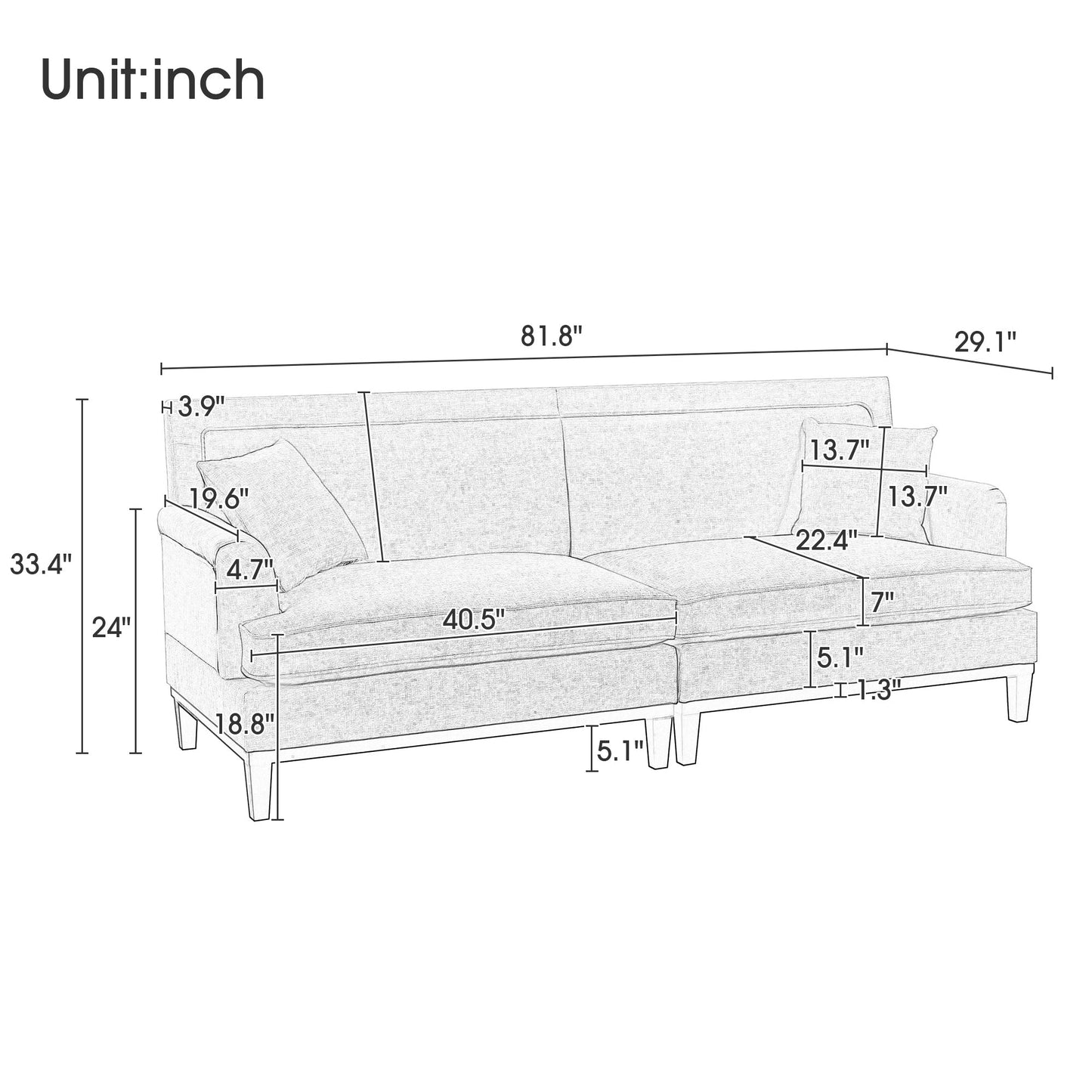 Upholstered Country Style Sofa with Wooden Legs