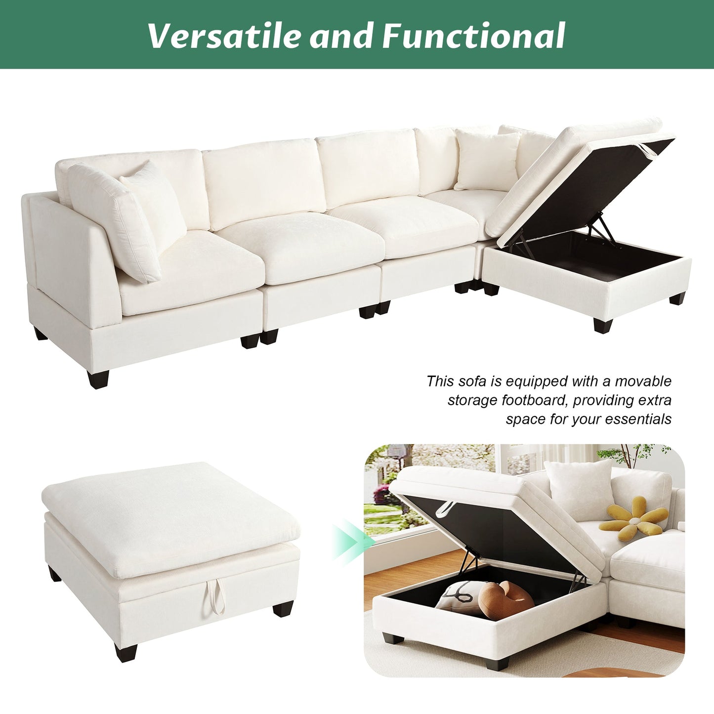 Sofa with Storage Ottoman and Hidden Cup Holders